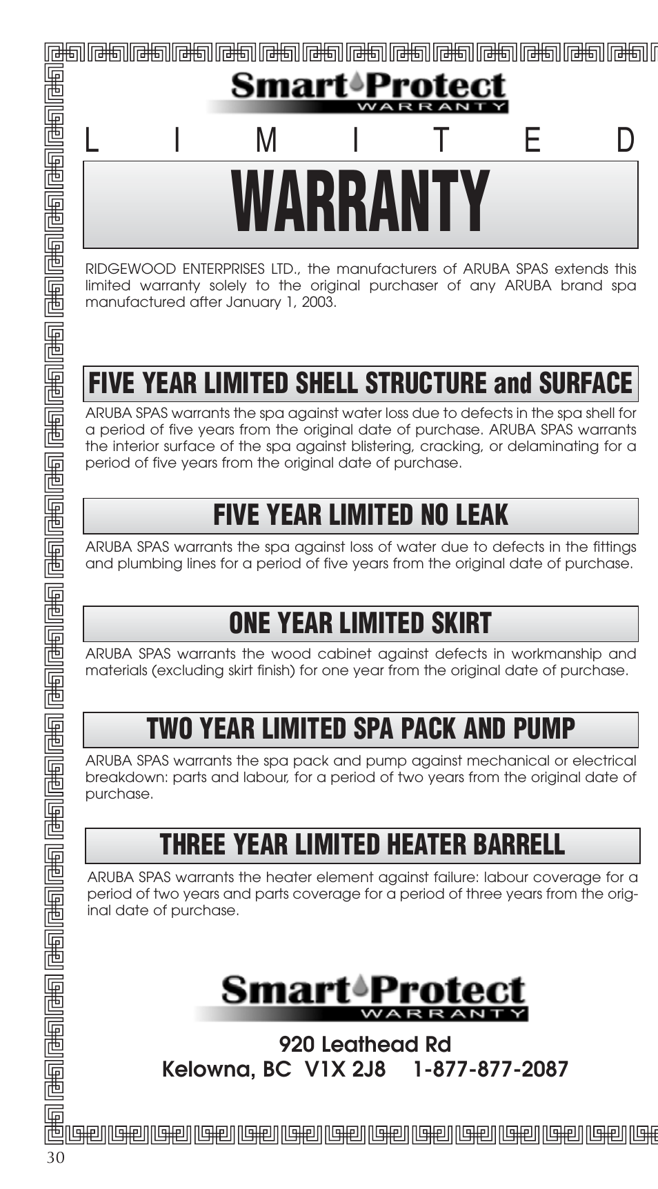 Warranty | Aruba Spa 2003 Serenade User Manual | Page 32 / 39
