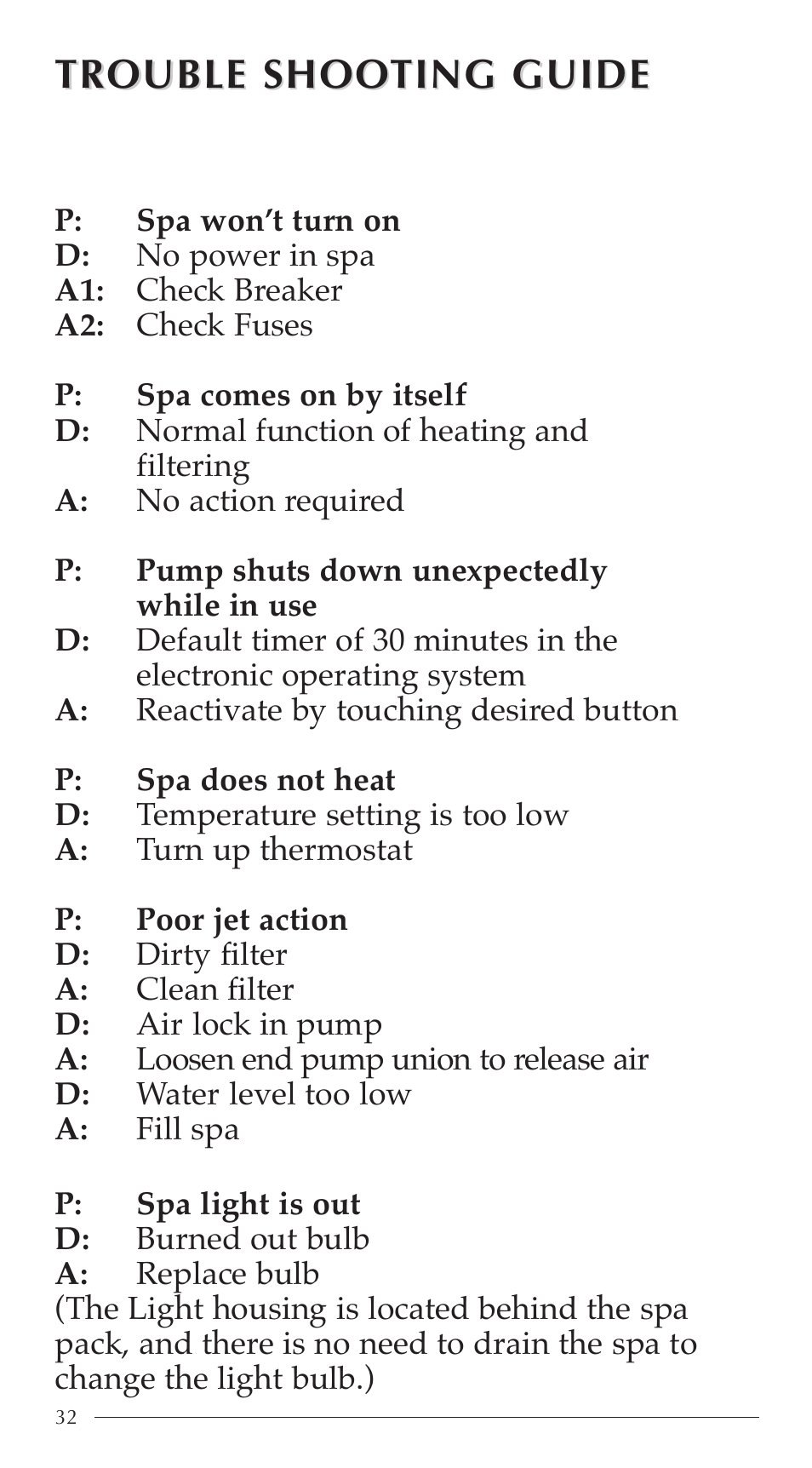 Trouble shoo, Trouble shoo ting guide ting guide | Aruba Spa 2003 Serenade User Manual | Page 34 / 39