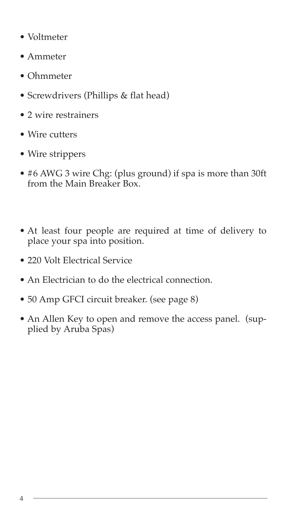 Tools required for installation, Items required for the installation of your spa | Aruba Spa 2003 Serenade User Manual | Page 6 / 39
