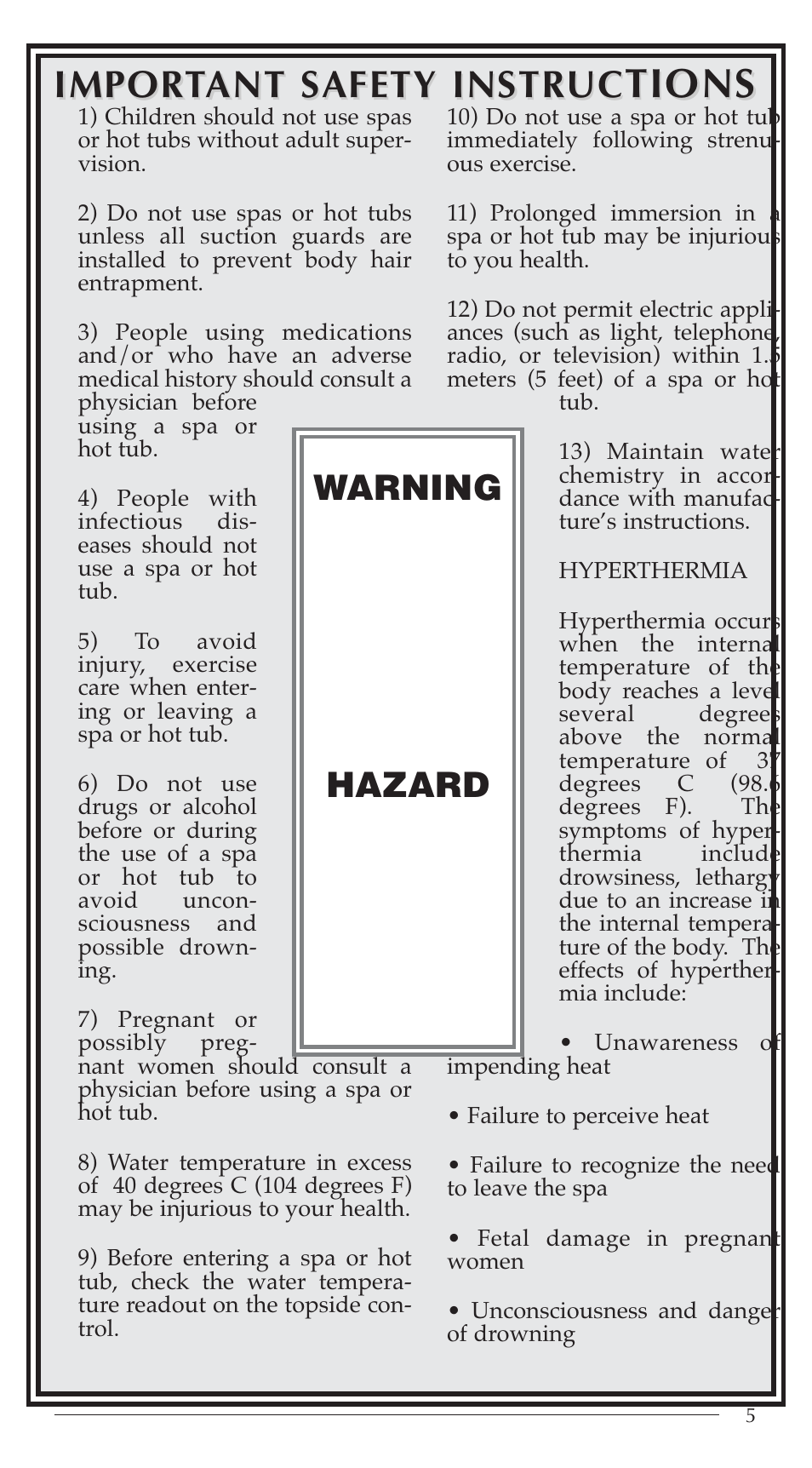 Tions, Impor, Impor t t ant safety instruc ant safety instruc | Warning, Hazard | Aruba Spa 2003 Serenade User Manual | Page 7 / 39
