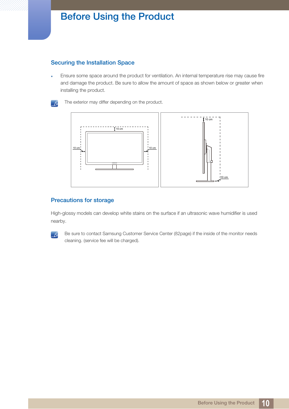 Securing the installation space, Precautions for storage, Before using the product | Samsung LS27A850DS-ZA User Manual | Page 10 / 94