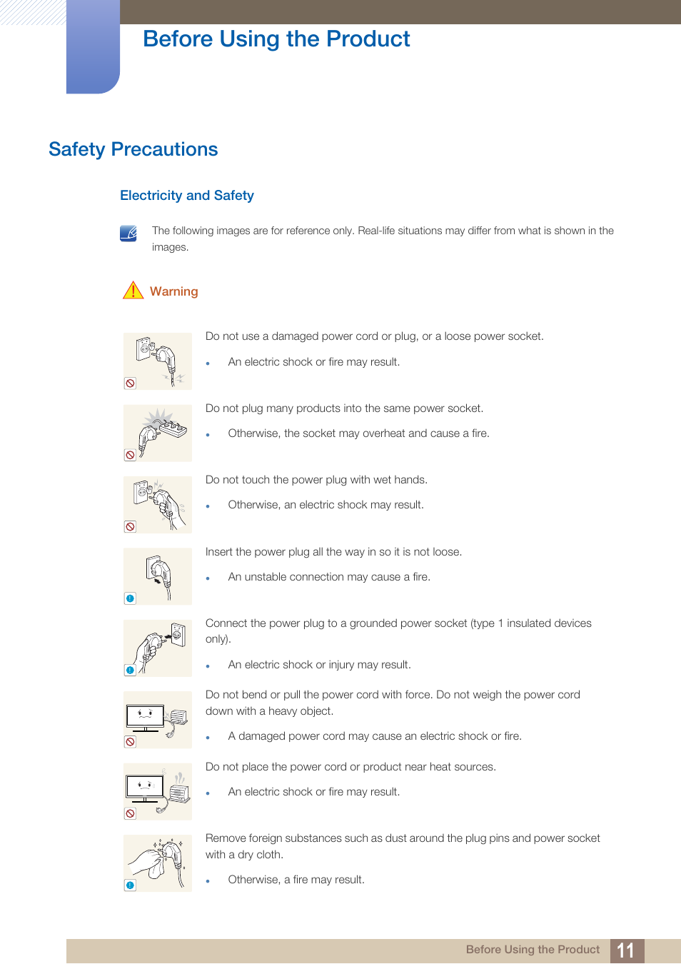 Safety precautions, Electricity and safety, Before using the product | Samsung LS27A850DS-ZA User Manual | Page 11 / 94