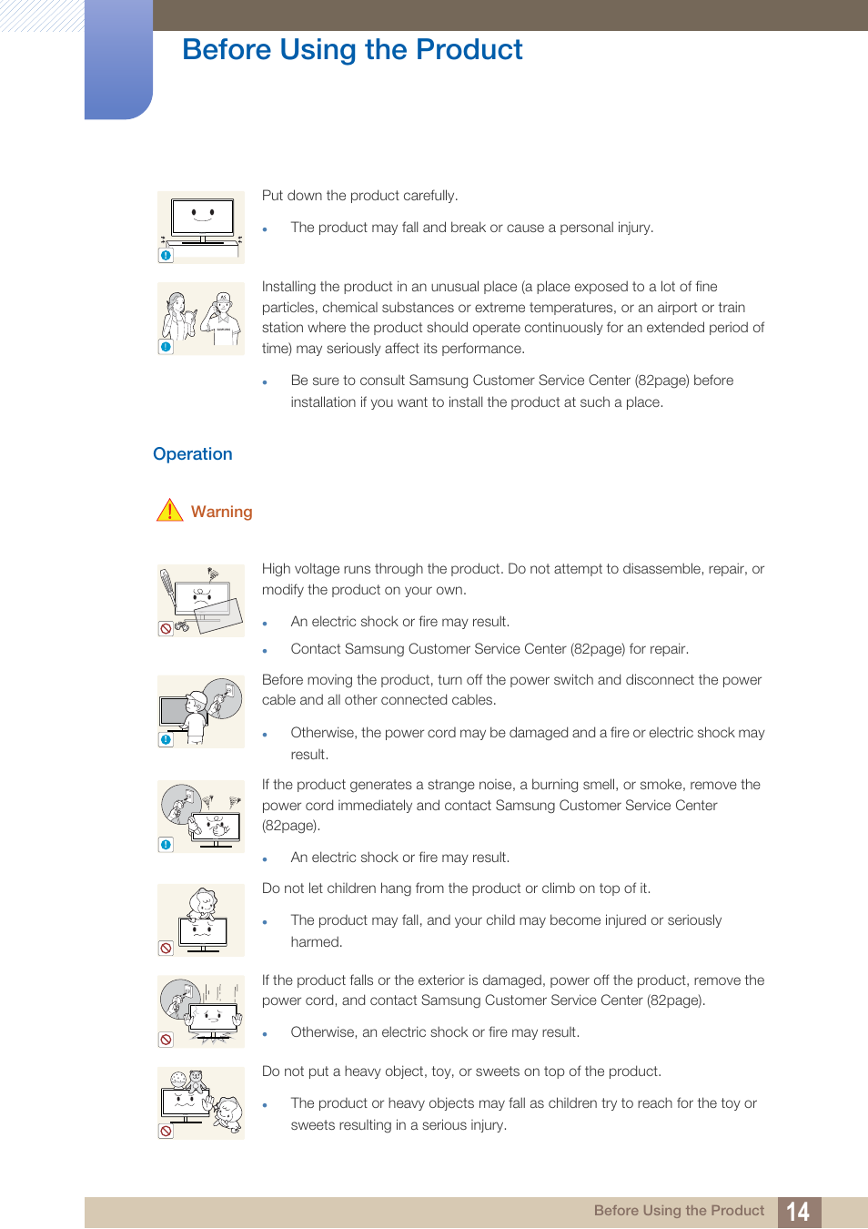 Operation, Before using the product, Warning | Samsung LS27A850DS-ZA User Manual | Page 14 / 94