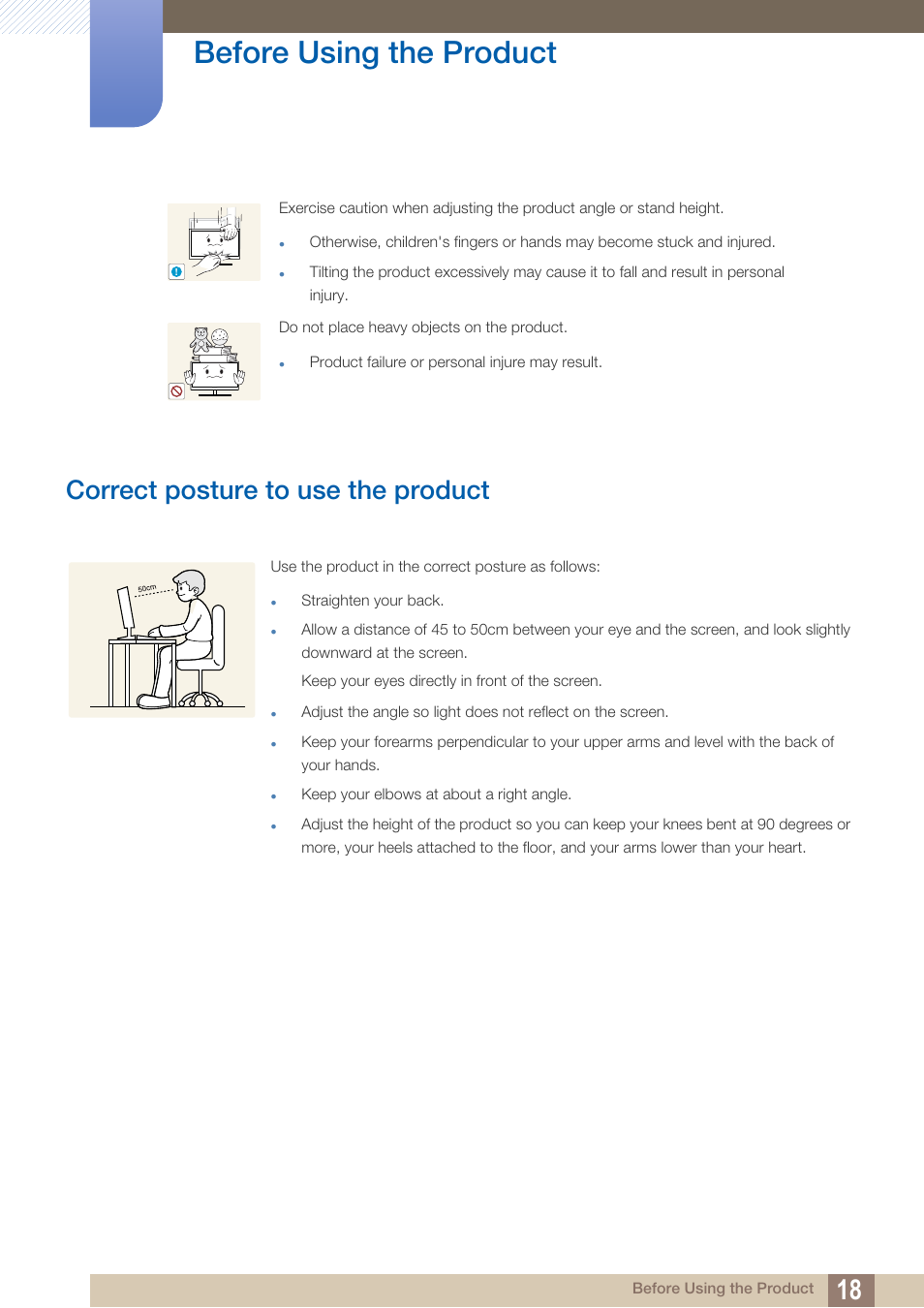 Correct posture to use the product, Before using the product | Samsung LS27A850DS-ZA User Manual | Page 18 / 94