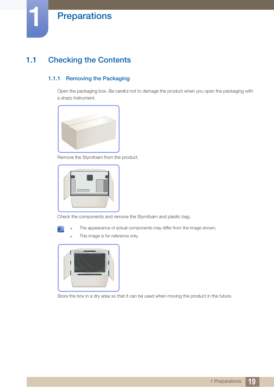 Preparations, 1 checking the contents, 1 removing the packaging | Checking the contents, Removing the packaging | Samsung LS27A850DS-ZA User Manual | Page 19 / 94