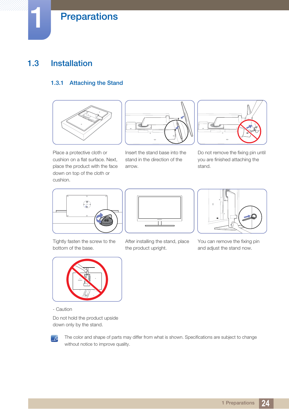 3 installation, 1 attaching the stand, Installation | Attaching the stand, Preparations | Samsung LS27A850DS-ZA User Manual | Page 24 / 94