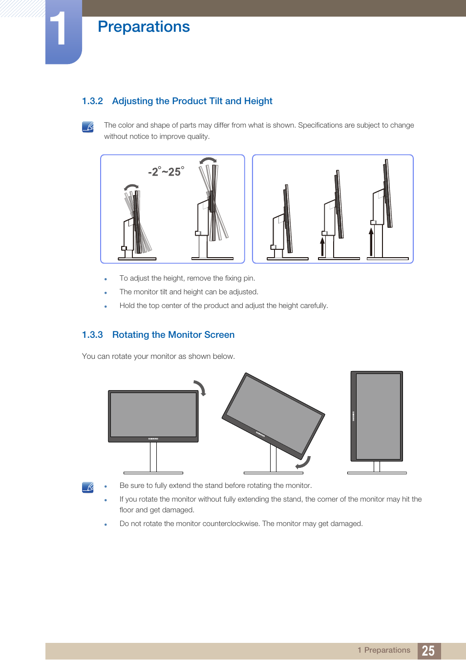 2 adjusting the product tilt and height, 3 rotating the monitor screen, Adjusting the product tilt and height | Rotating the monitor screen, Preparations | Samsung LS27A850DS-ZA User Manual | Page 25 / 94