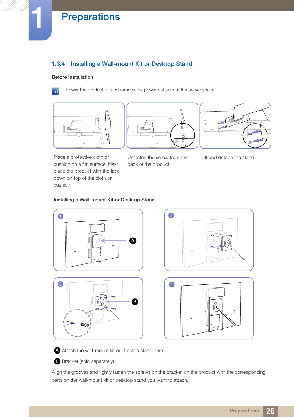 4 installing a wall-mount kit or desktop stand, Installing a wall-mount kit or desktop stand, Preparations | Samsung LS27A850DS-ZA User Manual | Page 26 / 94