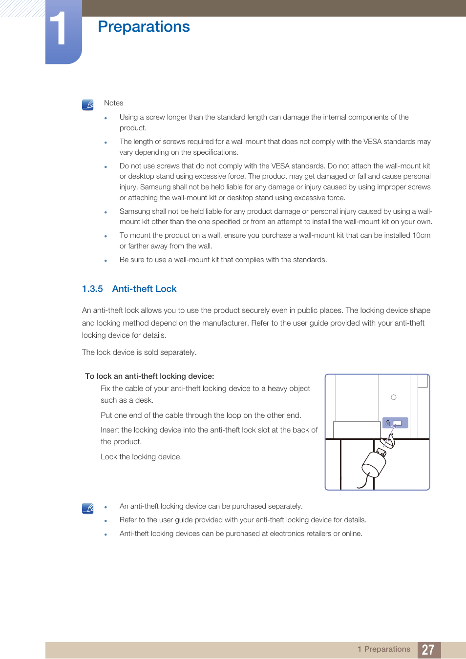 5 anti-theft lock, Anti-theft lock, Preparations | Samsung LS27A850DS-ZA User Manual | Page 27 / 94