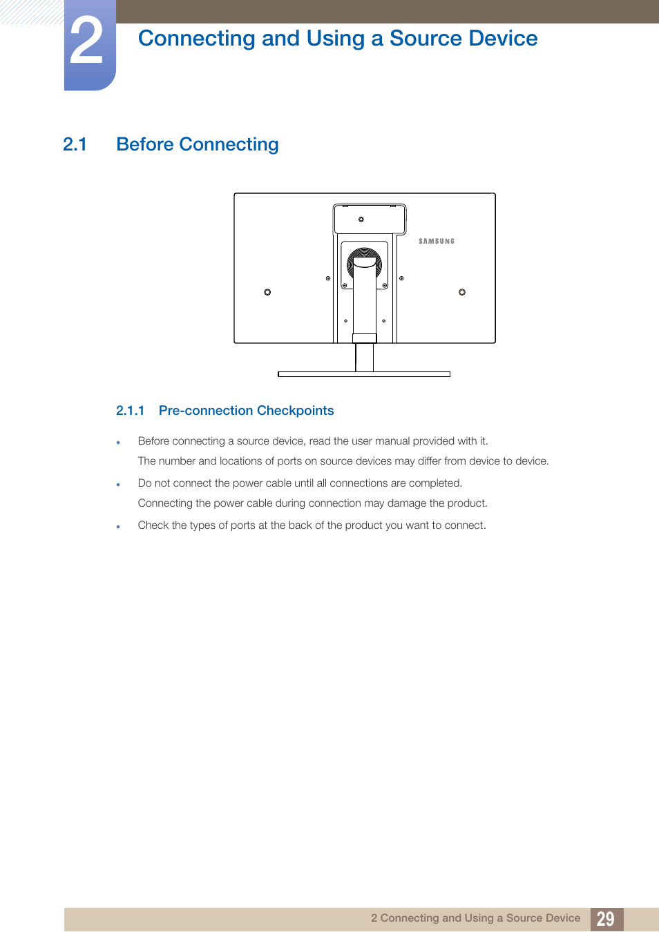Connecting and using a source device, 1 before connecting, 1 pre-connection checkpoints | Connecting and using, A source device, Before connecting, Pre-connection checkpoints | Samsung LS27A850DS-ZA User Manual | Page 29 / 94