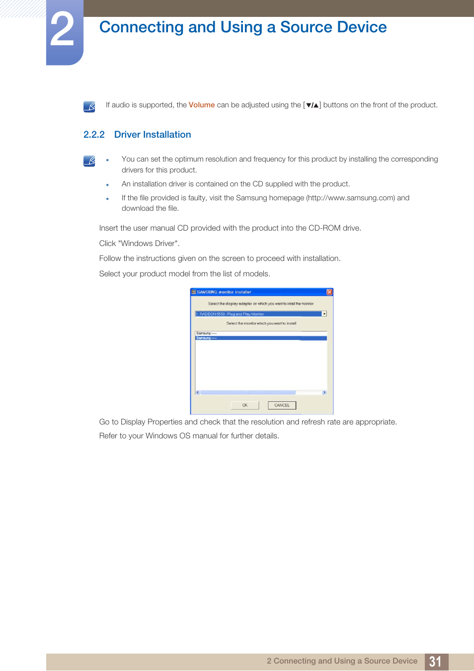 2 driver installation, Driver installation, Connecting and using a source device | Samsung LS27A850DS-ZA User Manual | Page 31 / 94