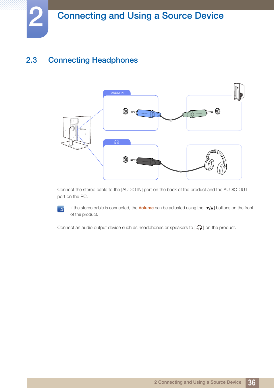 3 connecting headphones, Connecting headphones, Connecting and using a source device | Samsung LS27A850DS-ZA User Manual | Page 36 / 94