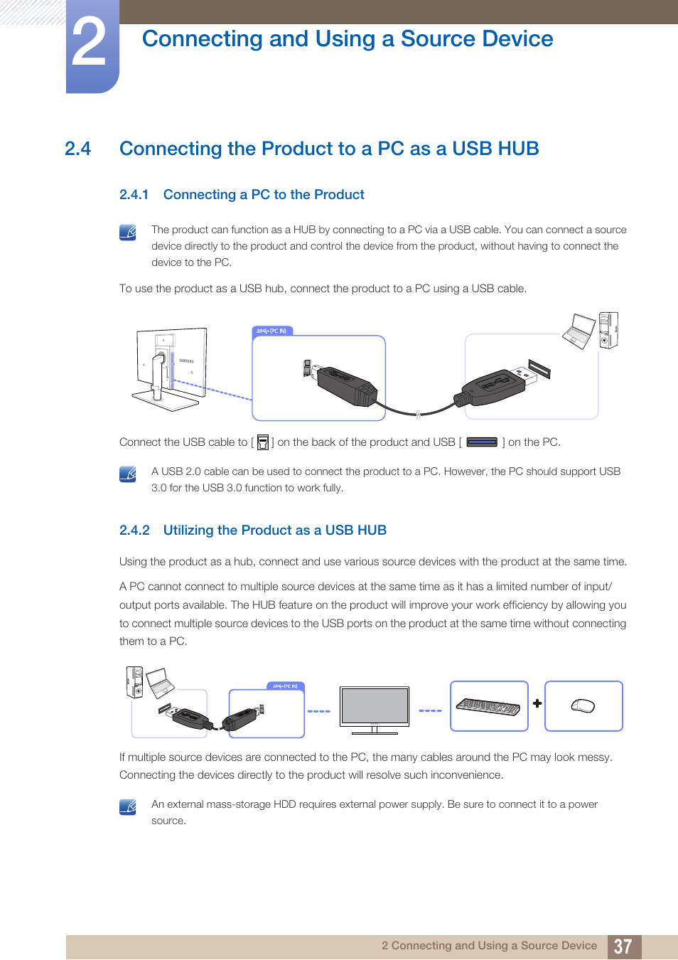 4 connecting the product to a pc as a usb hub, 1 connecting a pc to the product, 2 utilizing the product as a usb hub | Connecting the product to a pc as a usb hub, Connecting a pc to the product, Utilizing the product as a usb hub, Connecting and using a source device | Samsung LS27A850DS-ZA User Manual | Page 37 / 94