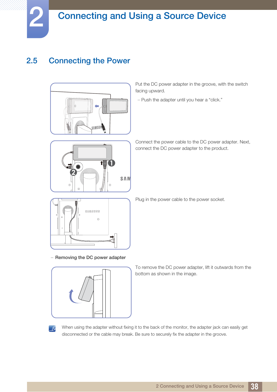 5 connecting the power, Connecting the power, Connecting and using a source device | Samsung LS27A850DS-ZA User Manual | Page 38 / 94