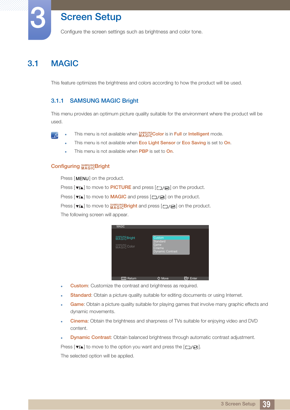 Screen setup, 1 magic, 1 samsung magic bright | Magic, Samsung magic bright | Samsung LS27A850DS-ZA User Manual | Page 39 / 94