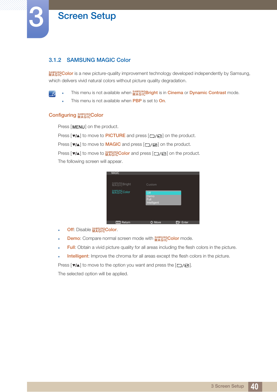 2 samsung magic color, Samsung magic color, Screen setup | Samsung LS27A850DS-ZA User Manual | Page 40 / 94