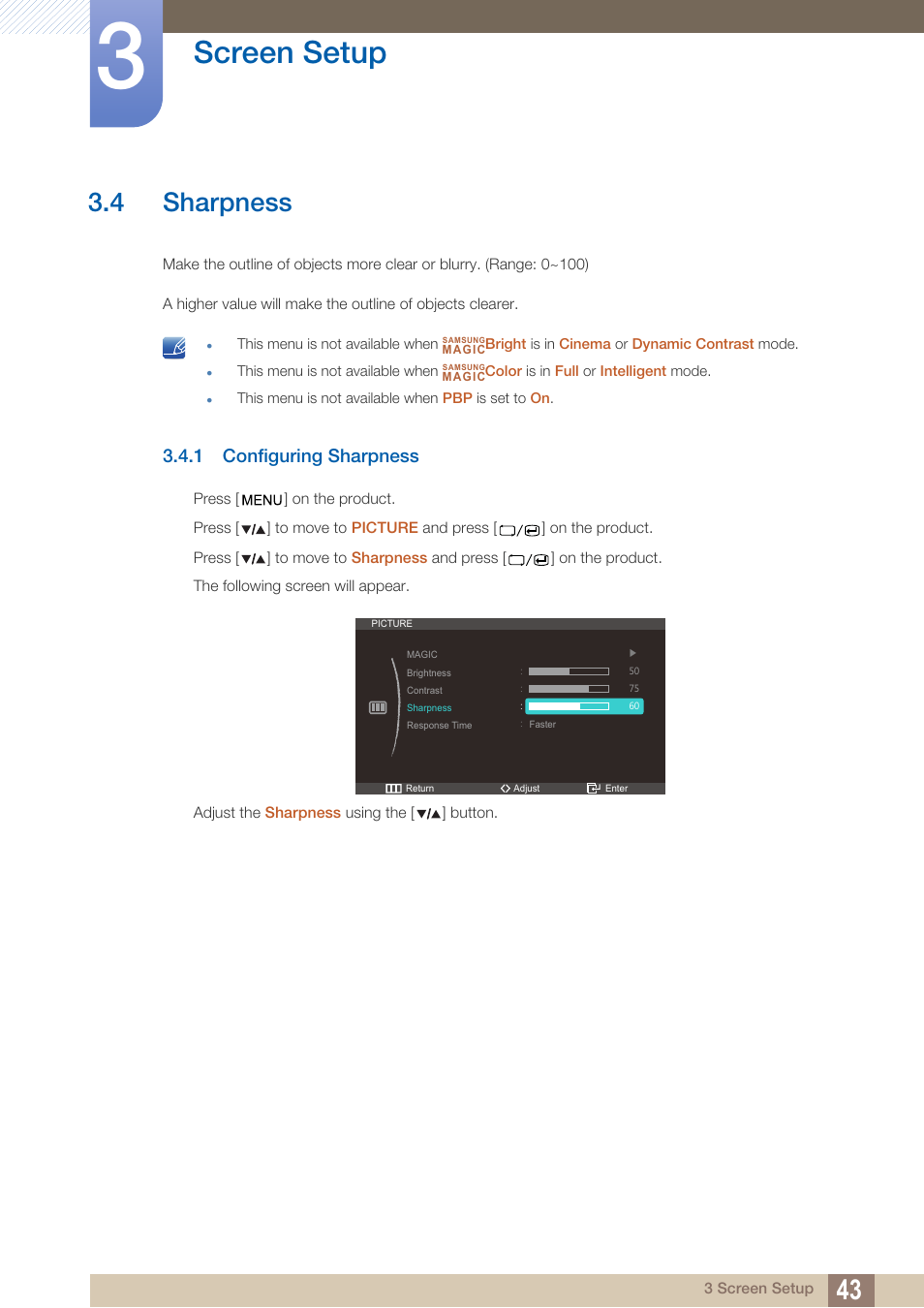 4 sharpness, 1 configuring sharpness, Sharpness | Configuring sharpness, Screen setup | Samsung LS27A850DS-ZA User Manual | Page 43 / 94