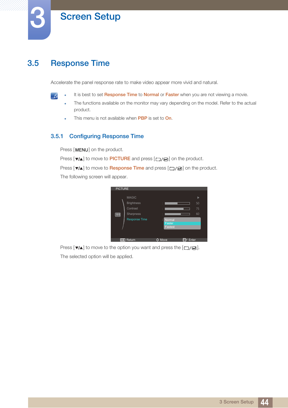 5 response time, 1 configuring response time, Response time | Configuring response time, Screen setup | Samsung LS27A850DS-ZA User Manual | Page 44 / 94