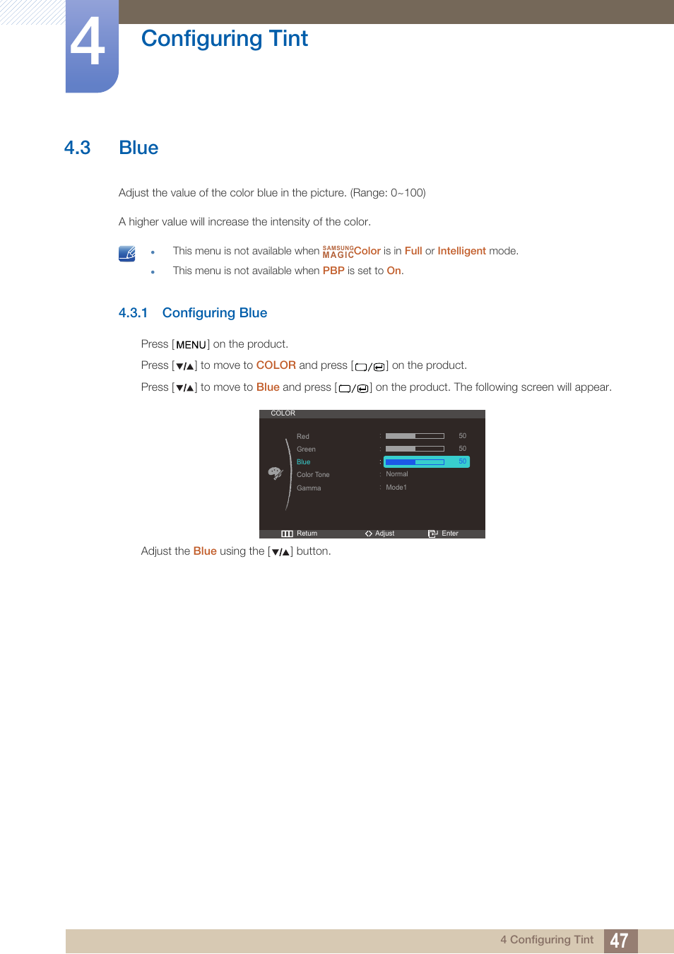 3 blue, 1 configuring blue, Blue | Configuring blue, Configuring tint | Samsung LS27A850DS-ZA User Manual | Page 47 / 94