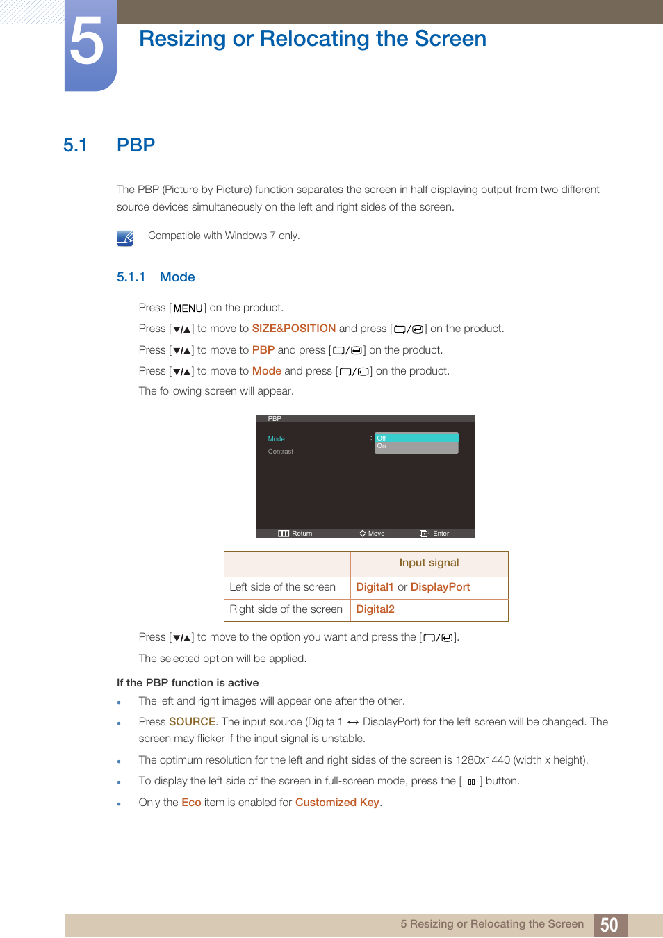 Resizing or relocating the screen, 1 pbp, 1 mode | Resizing or, Relocating the, Screen, Mode | Samsung LS27A850DS-ZA User Manual | Page 50 / 94