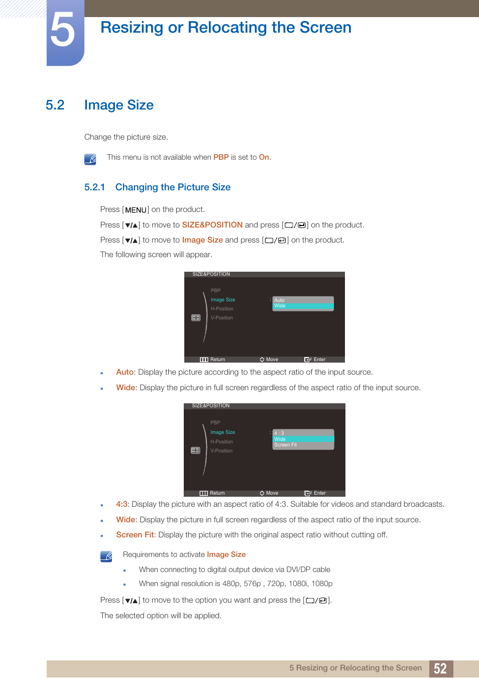 2 image size, 1 changing the picture size, Image size | Changing the picture size, Resizing or relocating the screen | Samsung LS27A850DS-ZA User Manual | Page 52 / 94