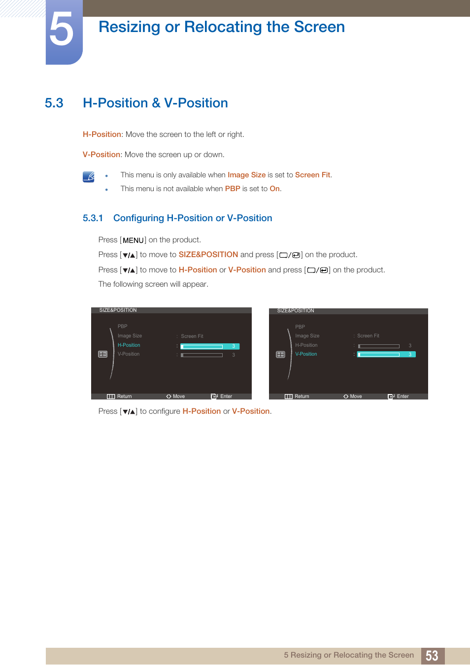 3 h-position & v-position, 1 configuring h-position or v-position, H-position & v-position | Configuring h-position or v-position, Resizing or relocating the screen | Samsung LS27A850DS-ZA User Manual | Page 53 / 94