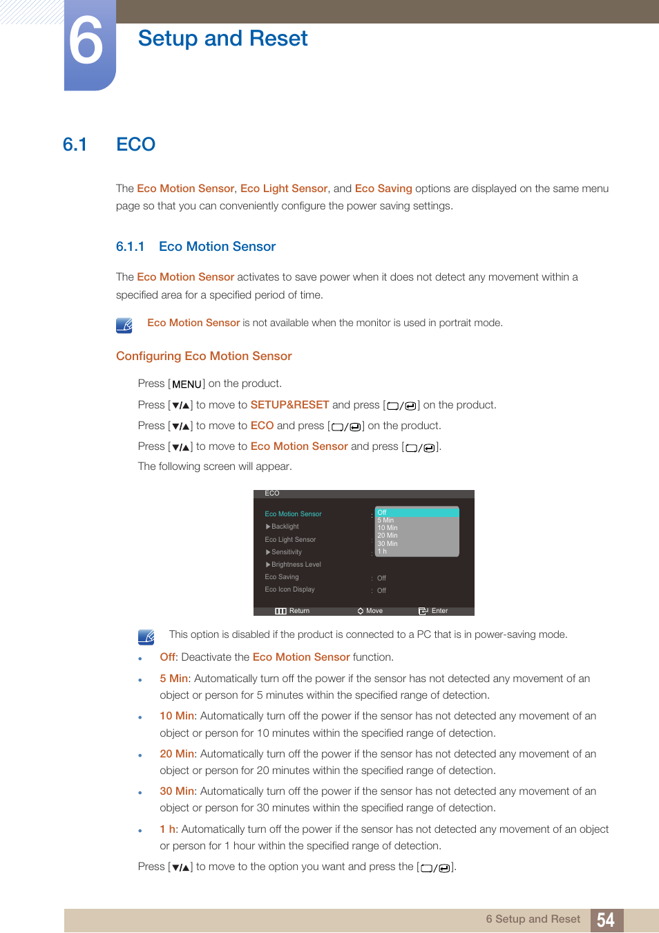 Setup and reset, 1 eco, 1 eco motion sensor | Eco motion sensor | Samsung LS27A850DS-ZA User Manual | Page 54 / 94