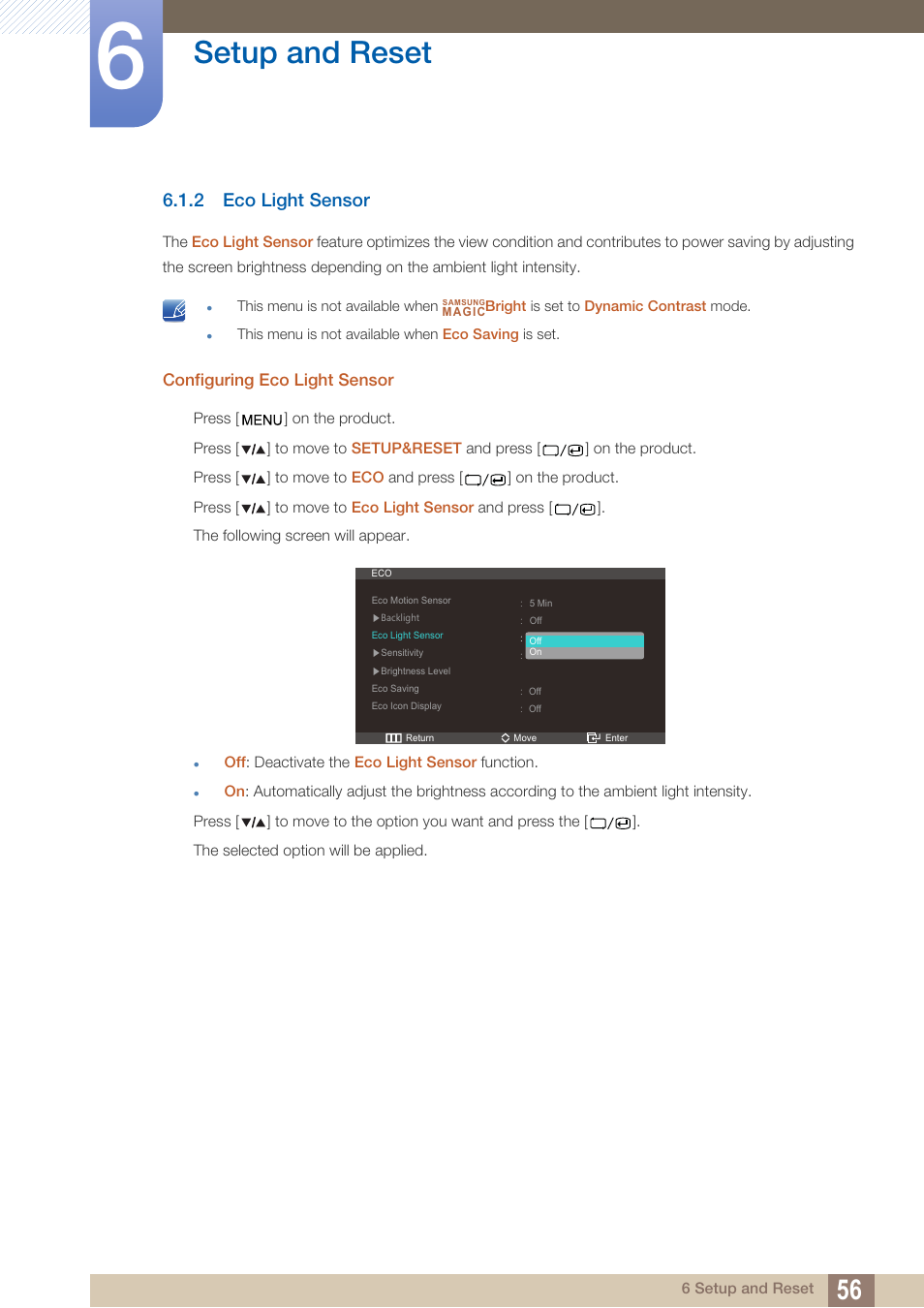 2 eco light sensor, Eco light sensor, Setup and reset | Samsung LS27A850DS-ZA User Manual | Page 56 / 94