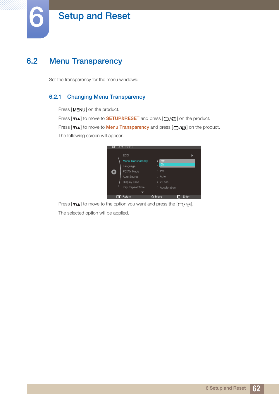 2 menu transparency, 1 changing menu transparency, Menu transparency | Changing menu transparency, Setup and reset | Samsung LS27A850DS-ZA User Manual | Page 62 / 94