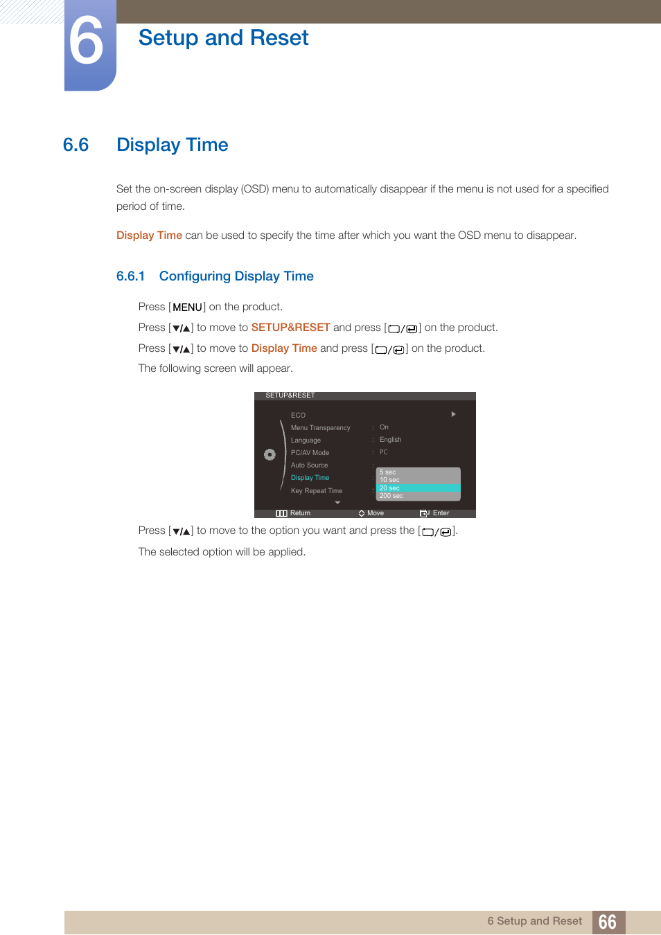 6 display time, 1 configuring display time, Display time | Configuring display time, Setup and reset | Samsung LS27A850DS-ZA User Manual | Page 66 / 94