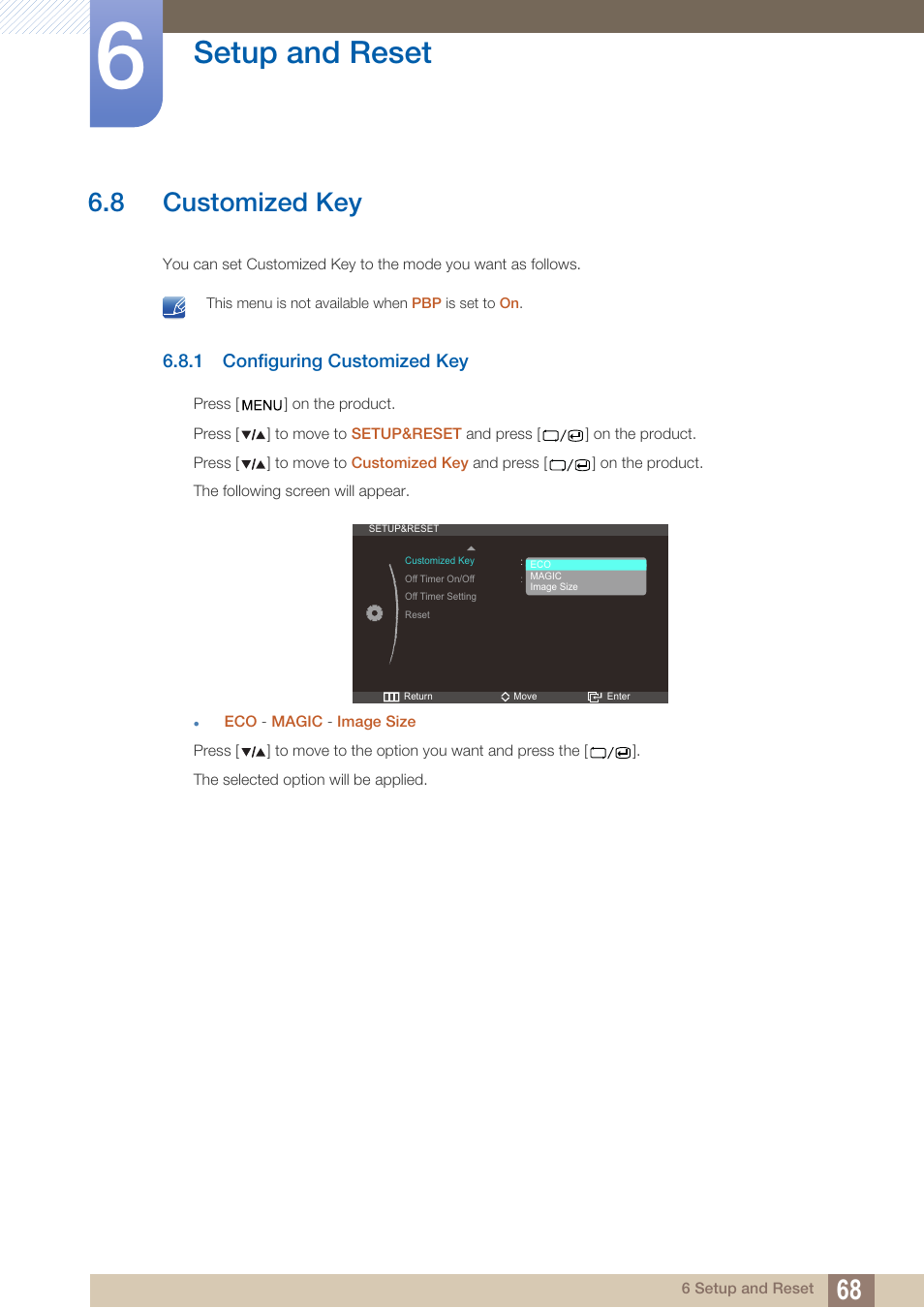 8 customized key, 1 configuring customized key, Customized key | Configuring customized key, Setup and reset | Samsung LS27A850DS-ZA User Manual | Page 68 / 94