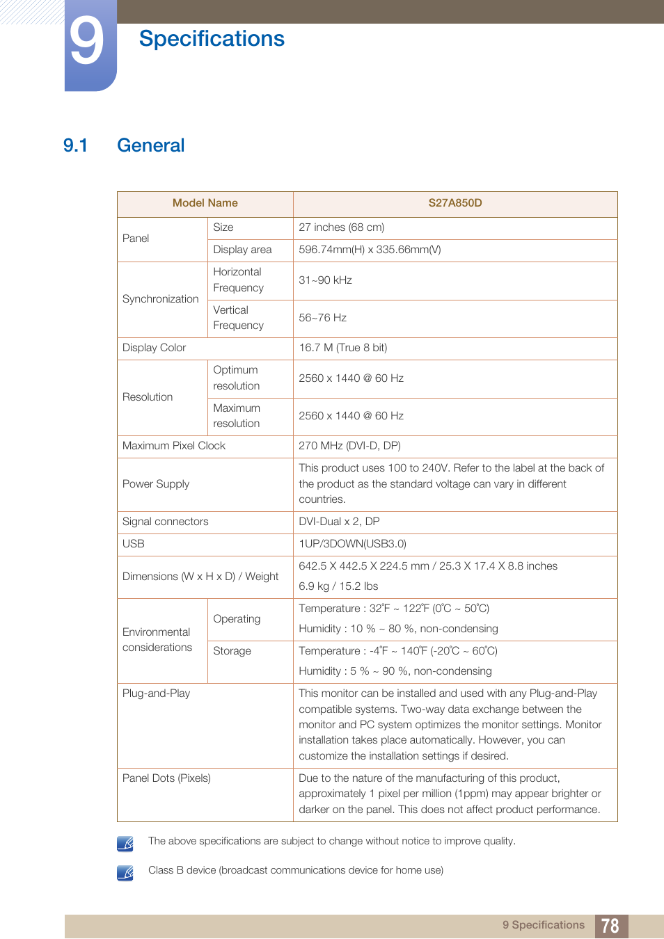 Specifications, 1 general, General | 1 general") | Samsung LS27A850DS-ZA User Manual | Page 78 / 94
