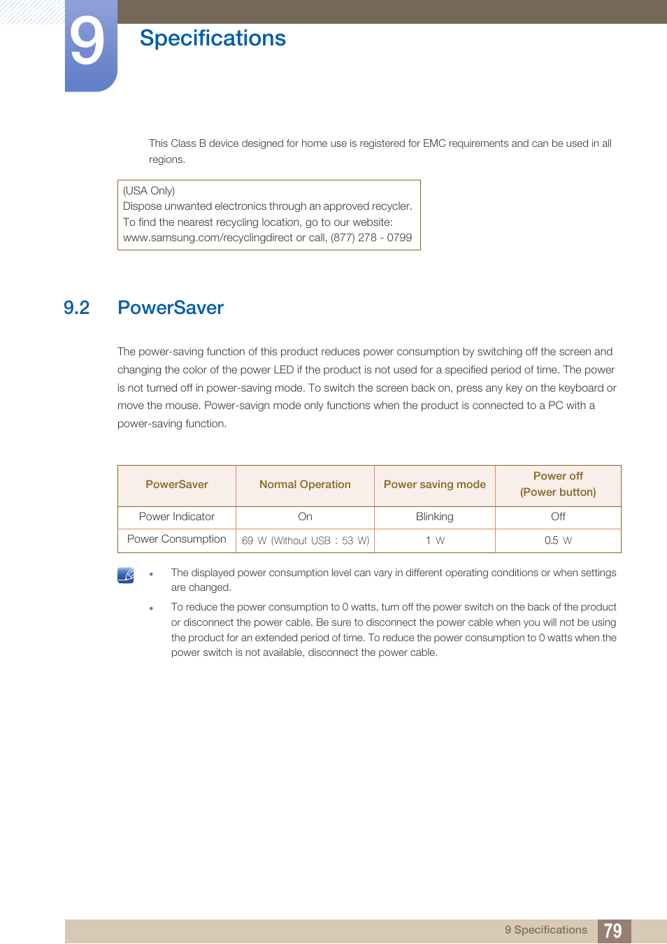 2 powersaver, Powersaver, Specifications | Samsung LS27A850DS-ZA User Manual | Page 79 / 94
