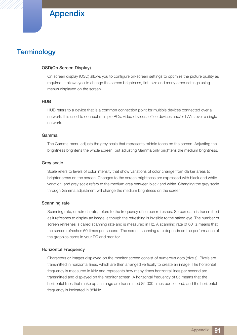 Terminology, Appendix | Samsung LS27A850DS-ZA User Manual | Page 91 / 94