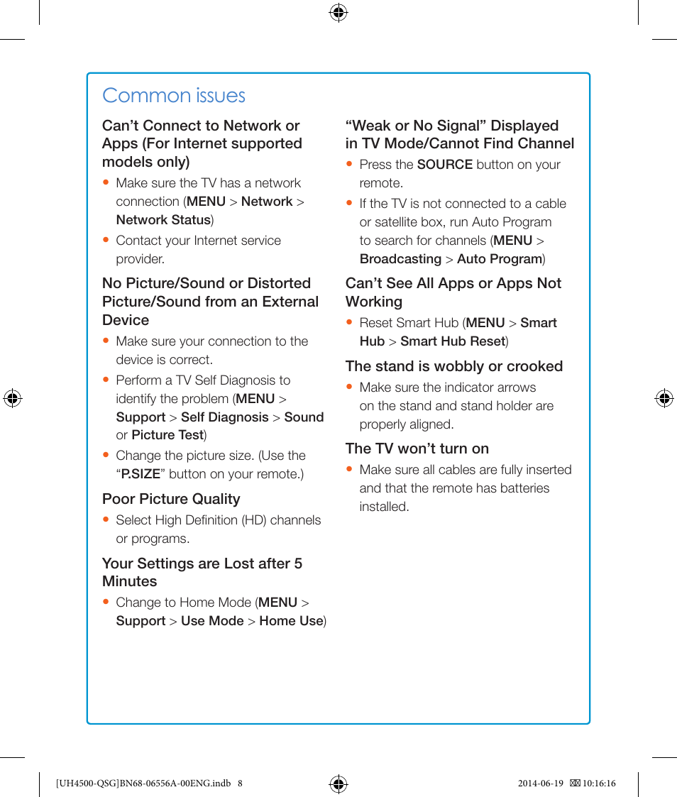 Common issues | Samsung UN28H4500AFXZA User Manual | Page 8 / 10
