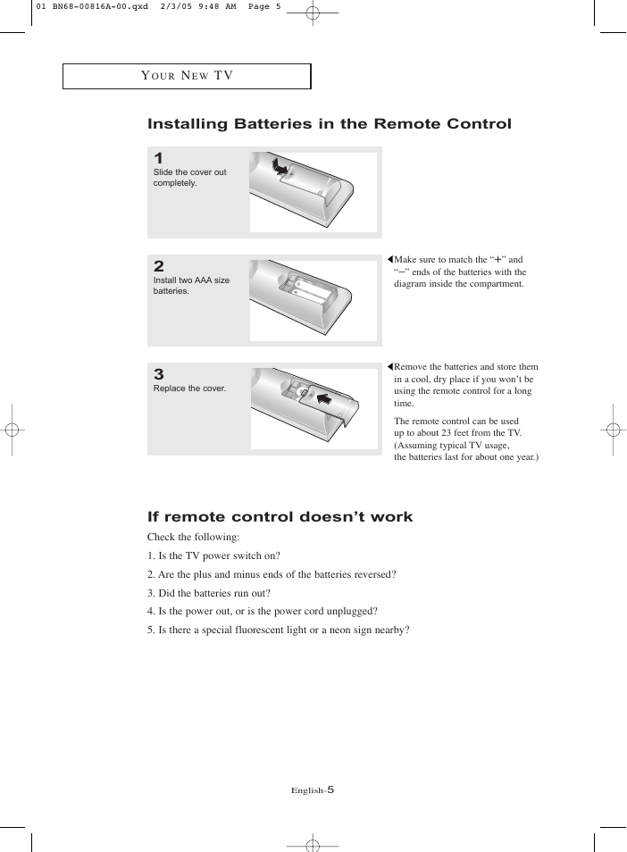 Installing batteries in the remote control, If remote control doesn’t work | Samsung LNR1550PX-XAA User Manual | Page 10 / 68