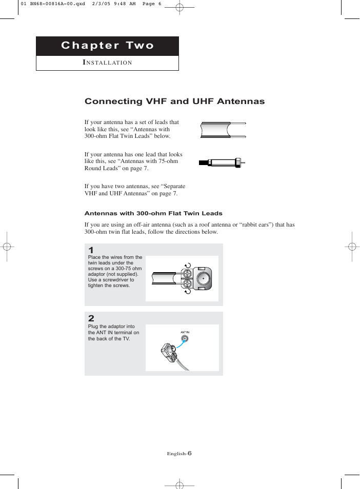 Chapter 2: installation, Connecting vhf and uhf antennas, Antennas with 300-ohm flat twin leads | Samsung LNR1550PX-XAA User Manual | Page 11 / 68