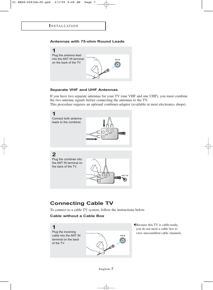 Antennas with 75-ohm round leads, Separate vhf and uhf antennas, Connecting cable tv | Cable without a cable box | Samsung LNR1550PX-XAA User Manual | Page 12 / 68