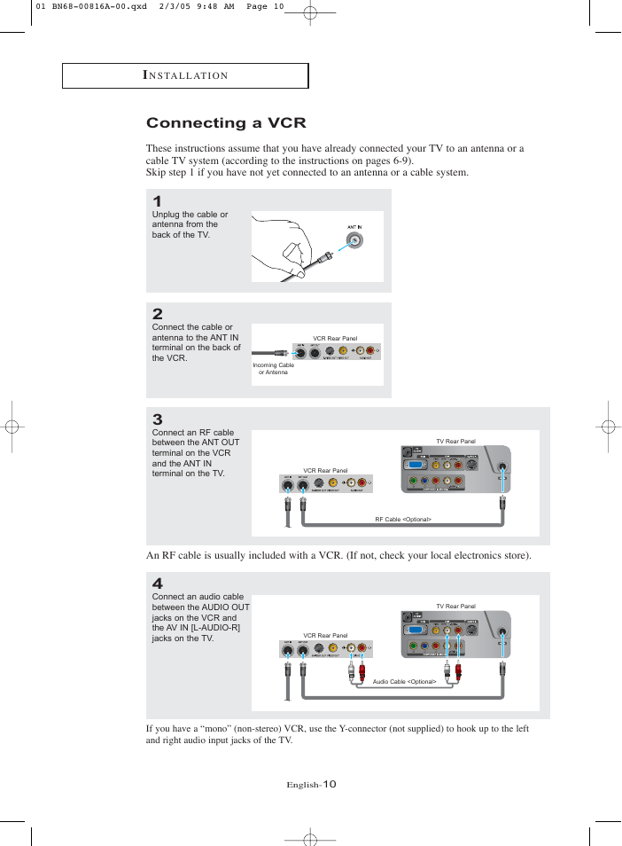 Connecting a vcr | Samsung LNR1550PX-XAA User Manual | Page 15 / 68