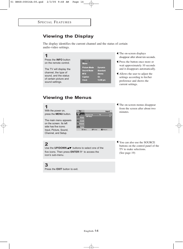 Viewing the display, Viewing the menus | Samsung LNR1550PX-XAA User Manual | Page 19 / 68