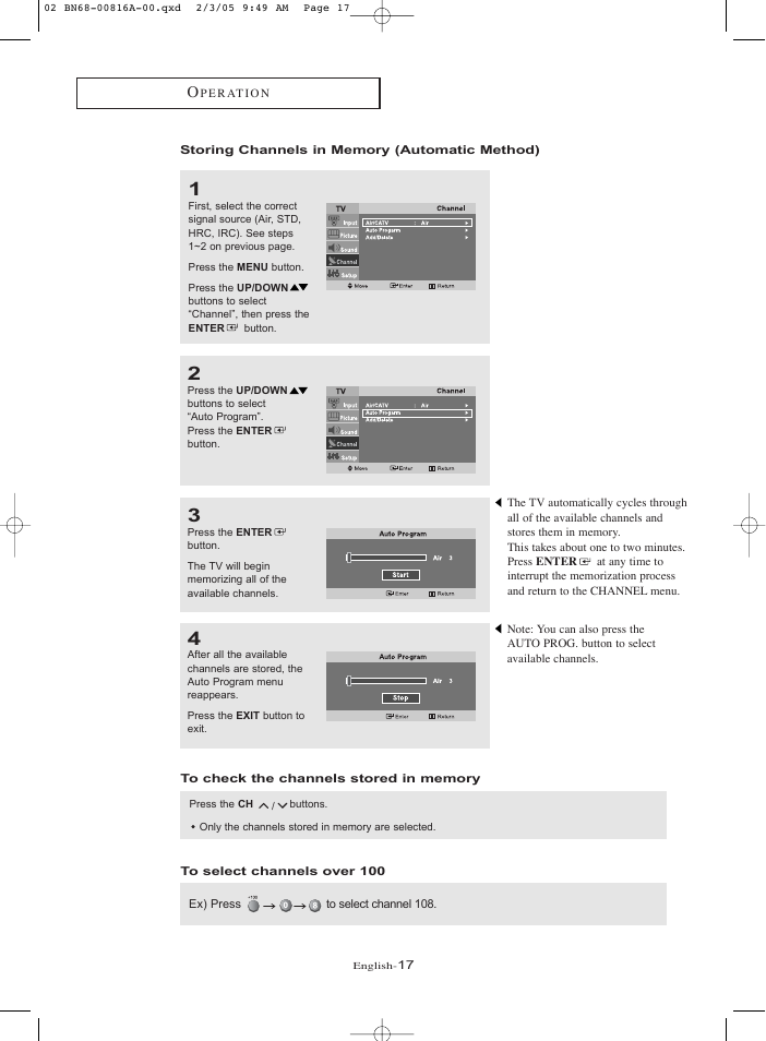 Storing channels in memory (automatic method), To check the channels stored in memory, To select channels over 100 | Samsung LNR1550PX-XAA User Manual | Page 22 / 68