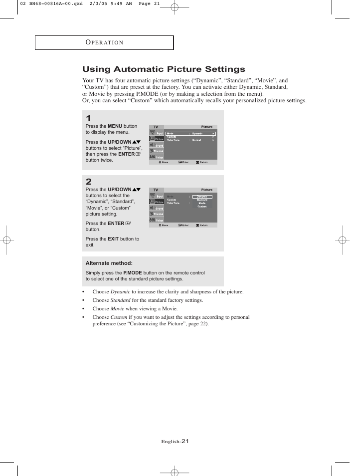 Using automatic picture settings | Samsung LNR1550PX-XAA User Manual | Page 26 / 68