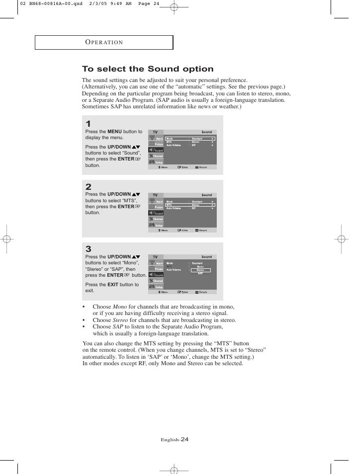 To select the sound option | Samsung LNR1550PX-XAA User Manual | Page 29 / 68