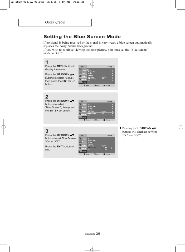 Setting the blue screen mode | Samsung LNR1550PX-XAA User Manual | Page 31 / 68