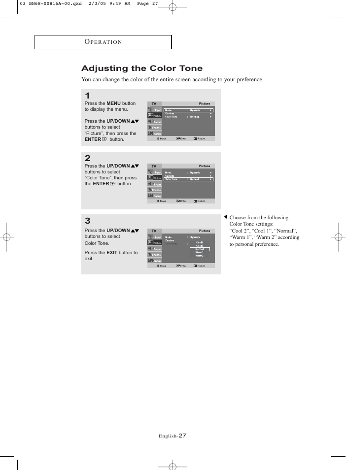Adjusting the color tone | Samsung LNR1550PX-XAA User Manual | Page 32 / 68