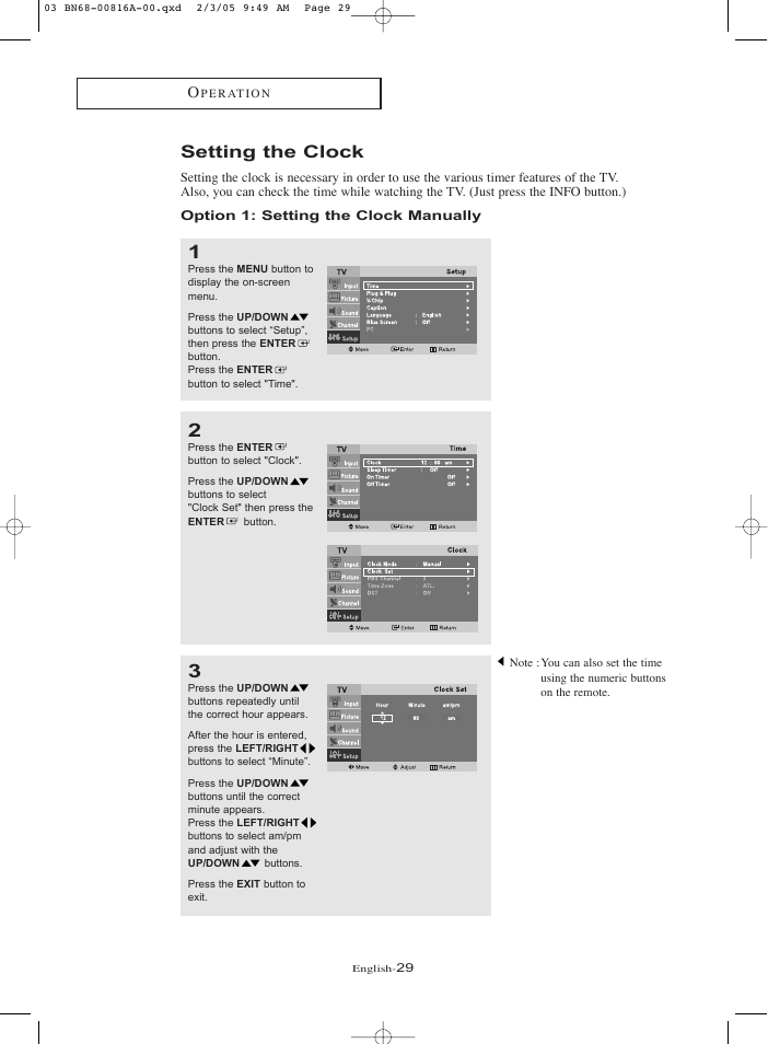 Setting the clock, Option 1: setting the clock manually | Samsung LNR1550PX-XAA User Manual | Page 34 / 68