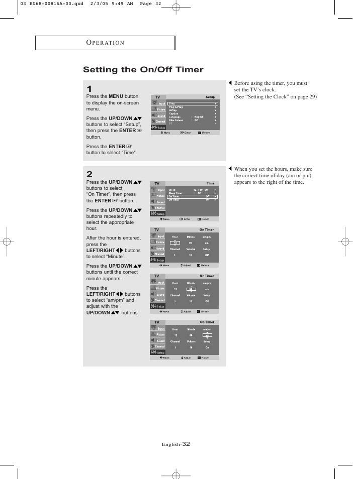 Setting the on/off timer | Samsung LNR1550PX-XAA User Manual | Page 37 / 68