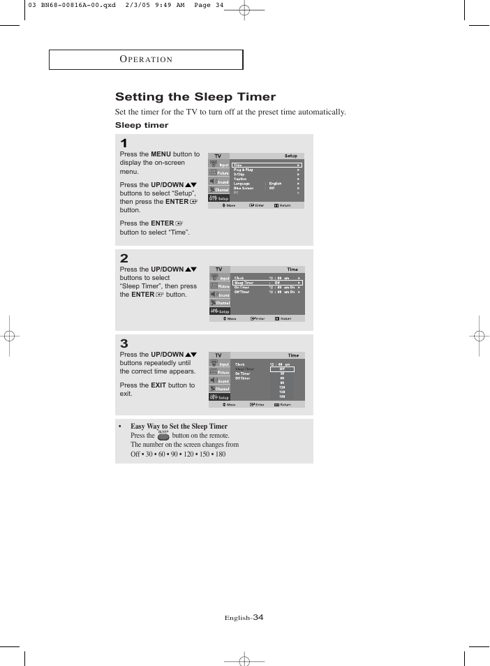 Setting the sleep timer, Sleep timer | Samsung LNR1550PX-XAA User Manual | Page 39 / 68