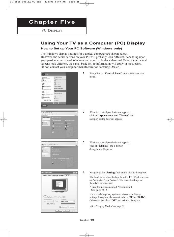 Chapter 5: pc display, Using your tv as a computer (pc) display, How to set up your pc software (windows only) | Samsung LNR1550PX-XAA User Manual | Page 50 / 68