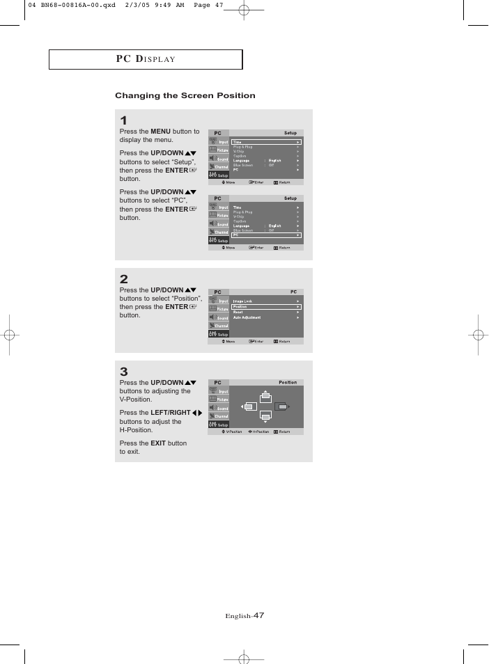 Changing the screen position, Pc d | Samsung LNR1550PX-XAA User Manual | Page 52 / 68